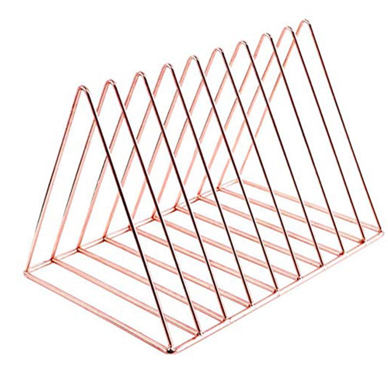 Cq acrylic حامل أسطوانات الفينيل المعدني باللون الوردي الذهبي، حامل مشغل أسطوانات عمودي، منظم ملفات للمكتب، فرز ملفات مكتبي، منظم ورق وحامل أسطوانات، حامل أسطوانات فينيل قائم مثلث 9 شبكات، 1 عبوة - Image 1